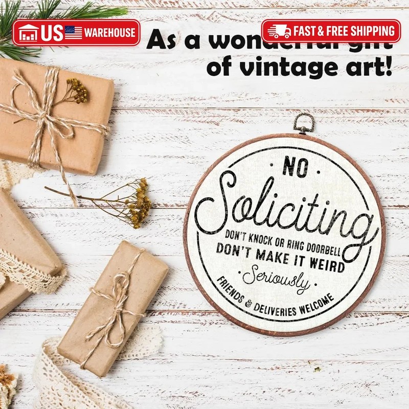 Round Canvas Frame Wall Art Decor-10" No Soliciting White Hanging Prints-Don't K gallery