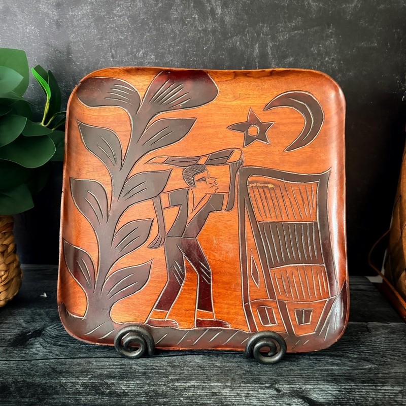 Vintage Haitian Folk Art Carved Wood Tray - Relief Sculpture gallery