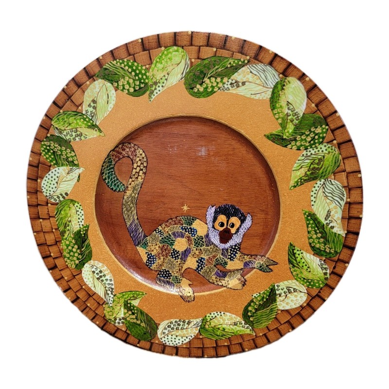 Signed Bibi Leon Hand Painted Round Wood Serving Charger Plate Platter Monkey