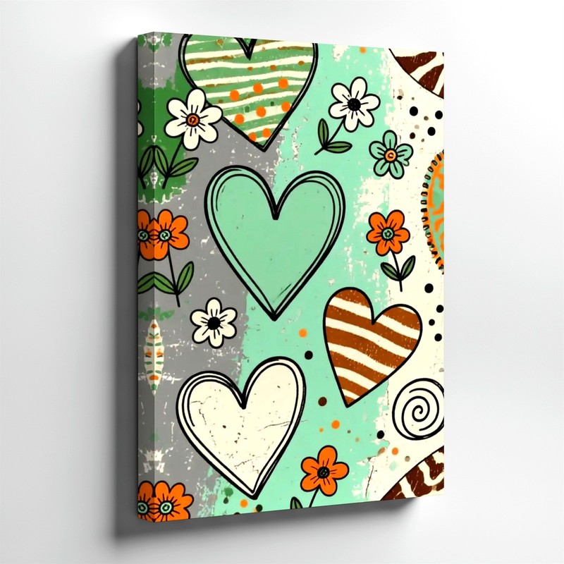 Wall Art Abstract Hearts Flowers Canvas Print Turquoise Orange Rustic Decor