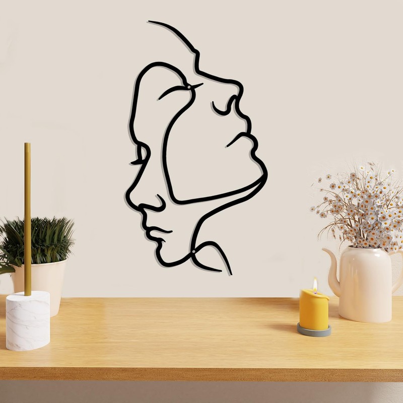 Metal Couple Facial Lines Wall Art Above the Bed, Black Minimalist Abstract W...