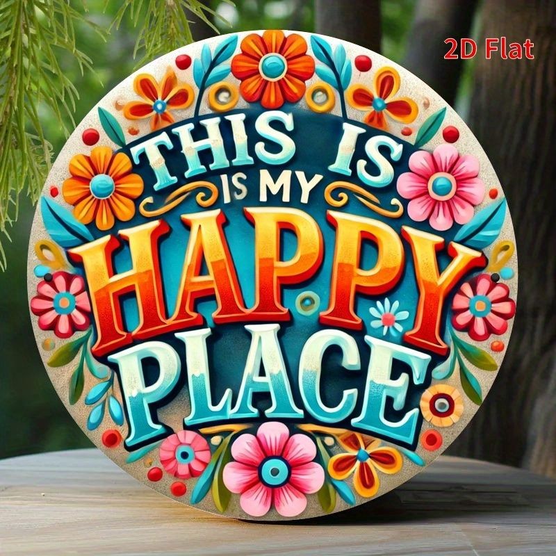 This Is My Happy Place Metal Sign Round Colorful Flower Wall Art Decoration Gift