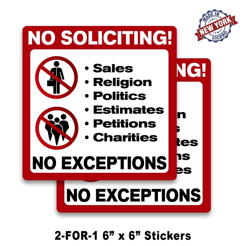 No Soliciting Door Window Sign Sticker Decal 2 FOR 1 FREE SHIPPING 6×6 Inches