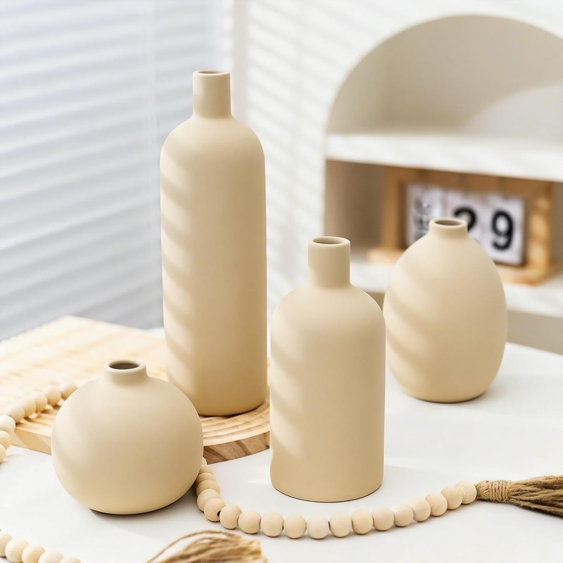 Beige Ceramic Vase Set of 4, Modern Neutral Colors Home Decor, Rustic Farmhouse gallery