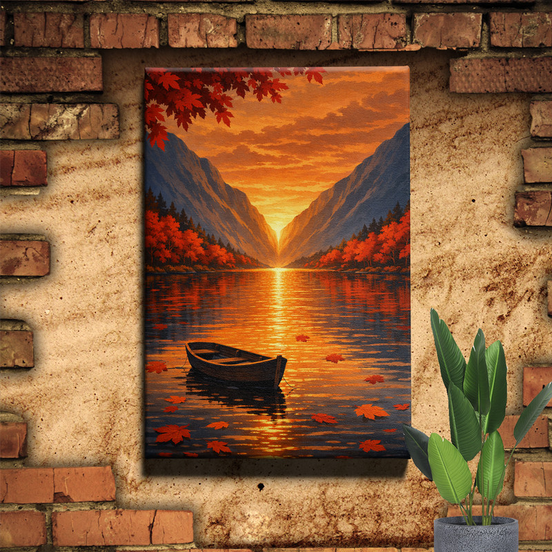 Mountain Lake Sunset Lonely Boat Framed Wall Art 16x24inch
