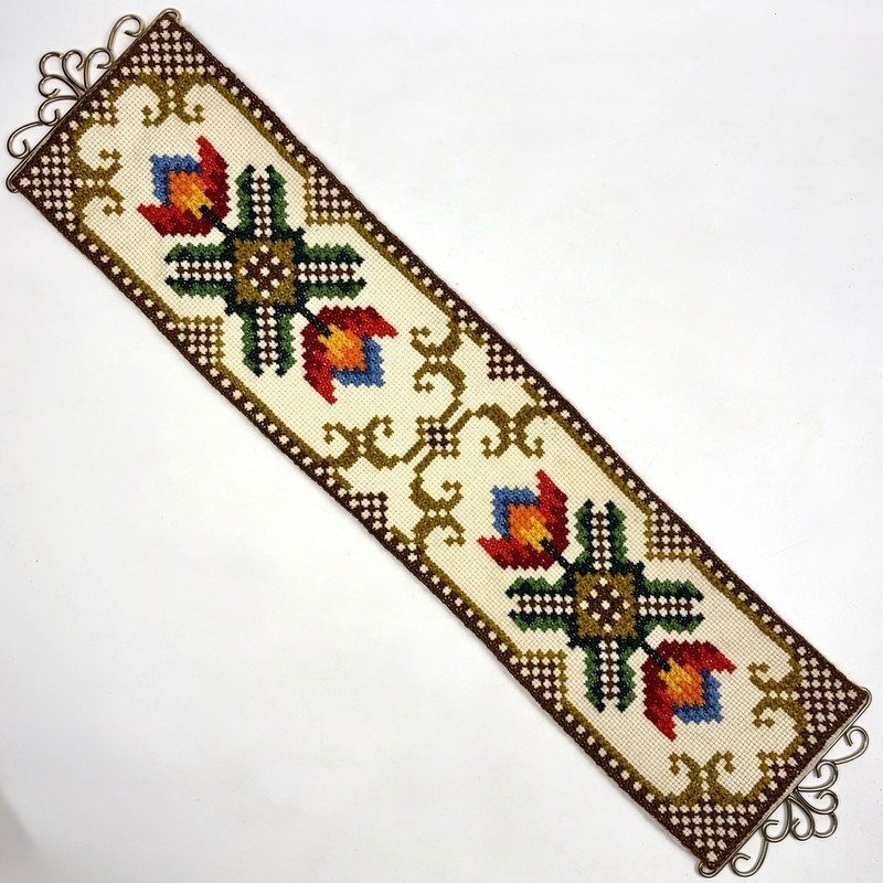 VTG Scandinavian Klokkestreng Bell Pull Needlepoint Folk Art Metal Ends 36”