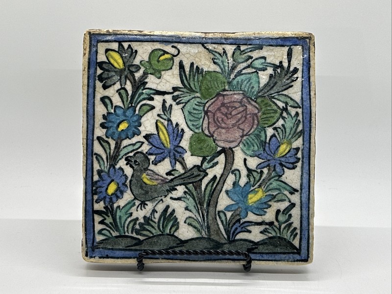Early Hand Painted Glazed Ceramic Earthenware Persian Pottery Tile Bird Florals