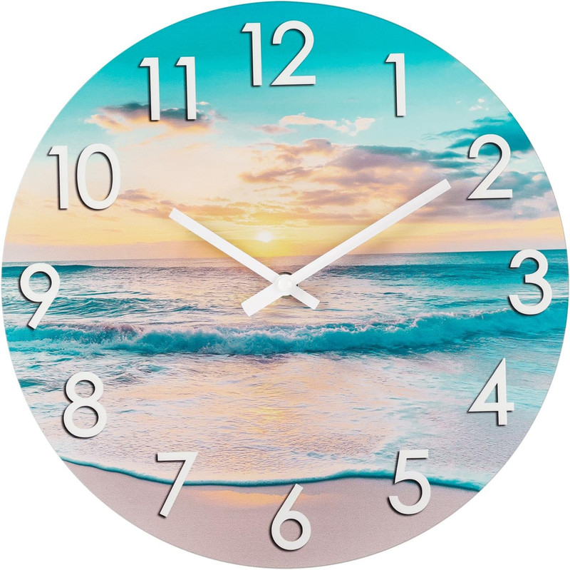 14 Inch Outdoor Wall Clock Waterproof – Tempered Glass with Stunning Sunset Beac