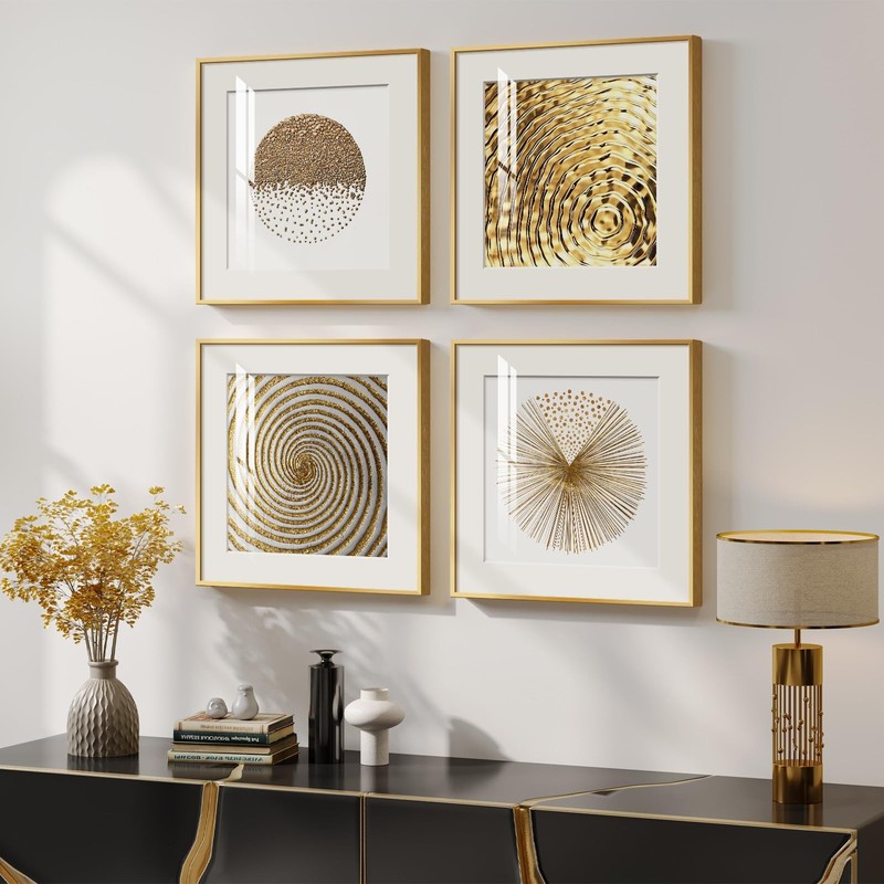 4 Pcs Framed Modern Gold and White Wall Art, Luxury Minimalist Canvas Picture…