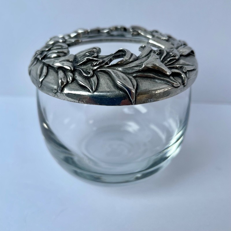 Vtg Blown Glass Seagull Pewter Lily Potpourri Bowl Dish Trinket Jar Canada 1988