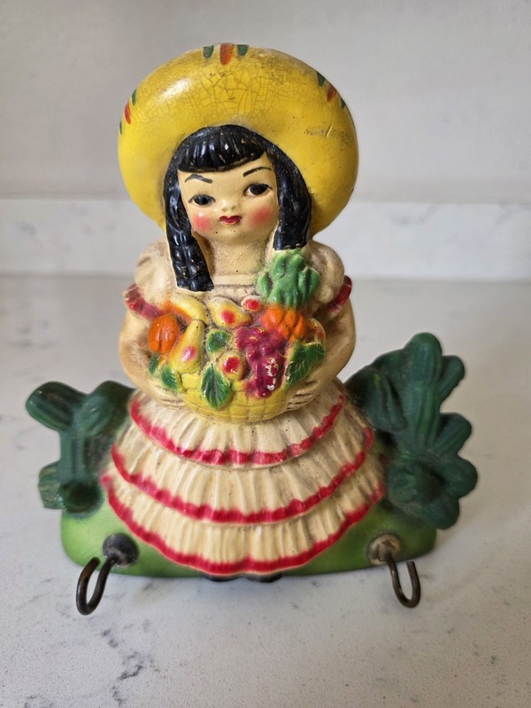 Rare MCM Vintage Mexican Woman Chalkware Girl Wall Plaque Potholder Key Holder