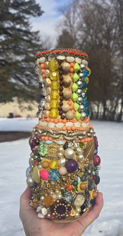 Vintage 82 Funky Fun Memory Vase Beads Jewls Buttons Folk Art Collage Colorful
