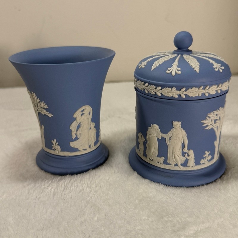 Wedgwood Blue Jasperware Bathroom Vanity Set Tumbler and Lidded Jar England