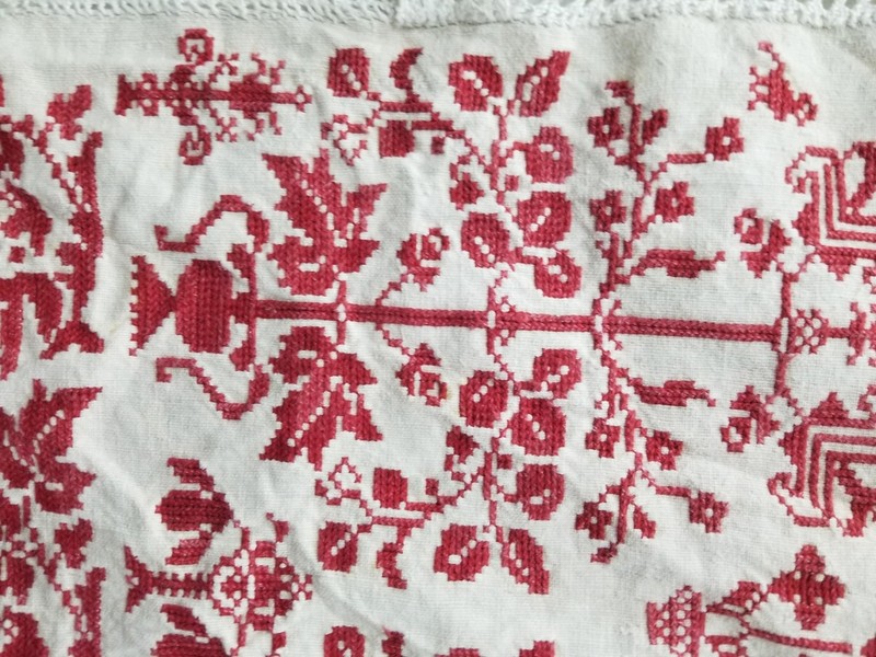 Antique Eastern European Red Cross-Stitched Panel with Lace Trim 94x57 in gallery