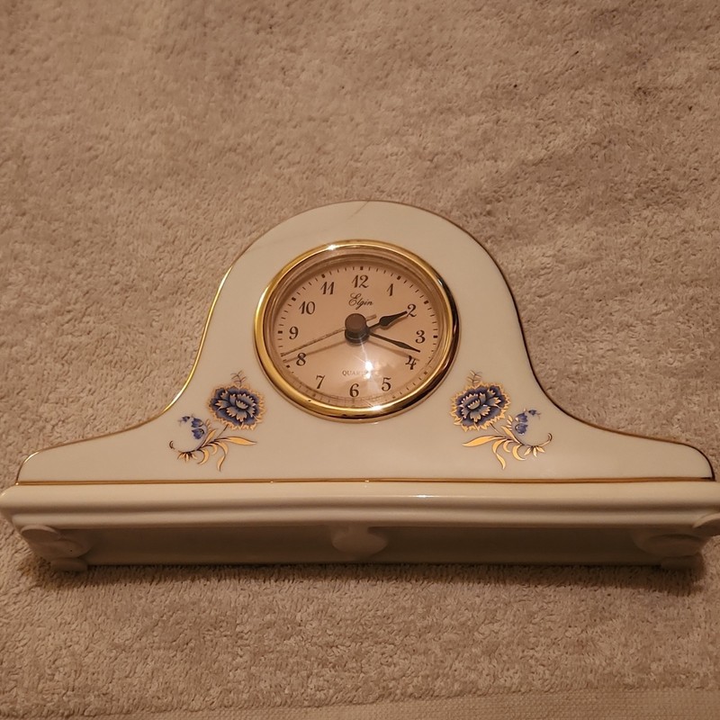 Elgin Ceramic Mantel Clock Analog Quartz Floral Gold Trim Traditional