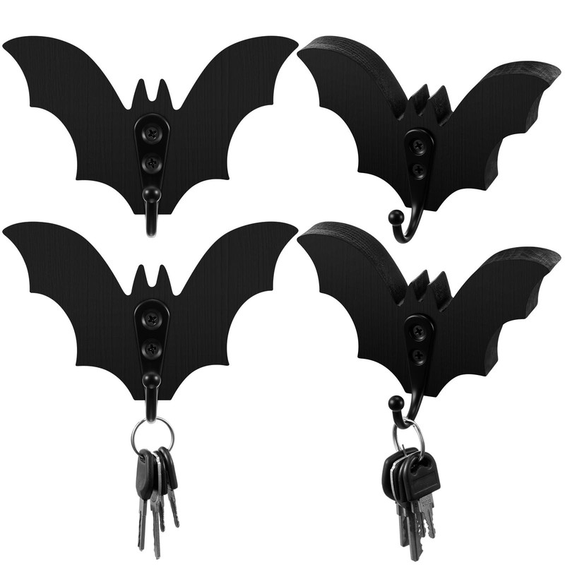 4 Pcs Black Bat Wall Key Holder Gothic Wooden Key Hooks for Wall Mount Cute H…