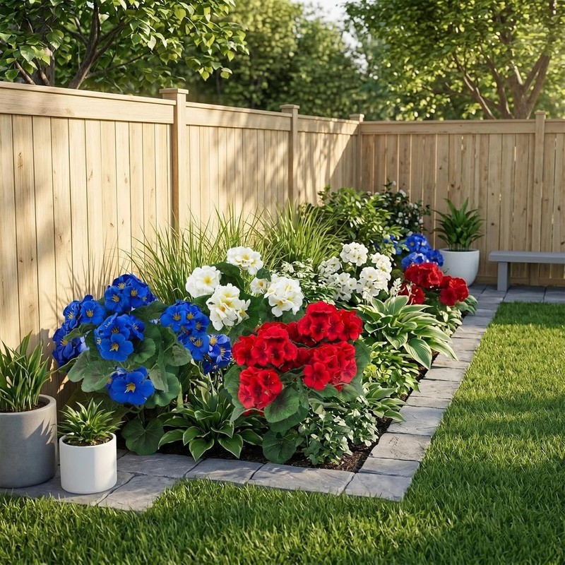 12 Pcs UV Resistant Artificial Geranium Flowers - Red, White, Blue Decor gallery