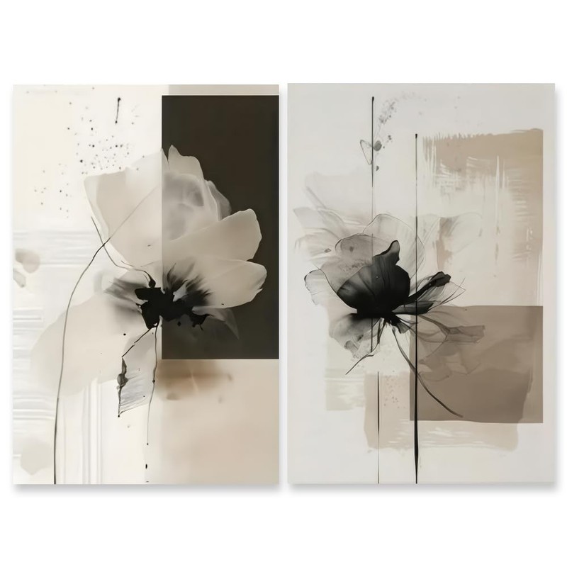 Minimalist Abstract Floral Wall Art Set of 2 Neutral Beige Prints for Living