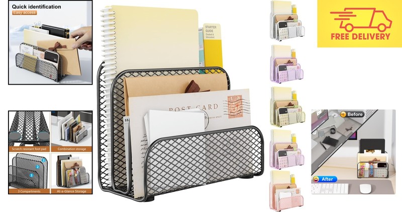 Versatile Tabletop Mail Organizer - Durable 3-Slot Metal File Holder in Black gallery