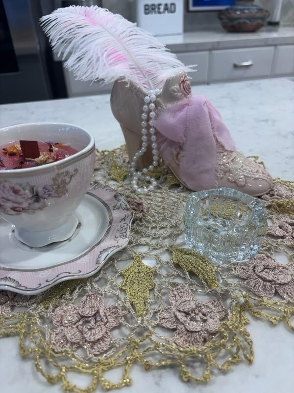 Vintage Style Romantic Tea Vignette Victorian Pink Floral Teacup Shoe Decor Set
