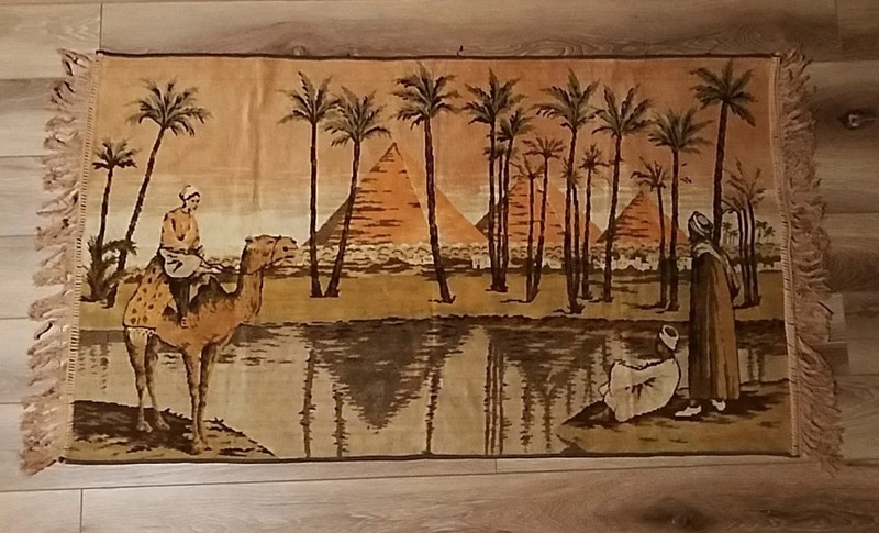 Vintage Rug Woven Egyptian Wall Hanging Tapestry Pyramids Camels Palm Trees