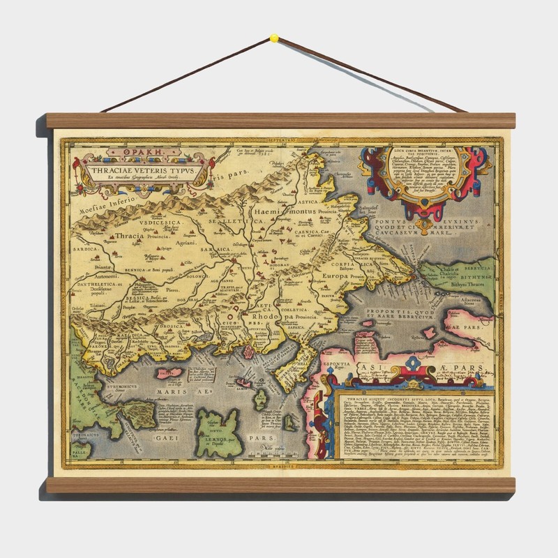 Antique 1585 Old Decorative Map of Ancient Thrace; Canvas Magnetic Wooden Hanger