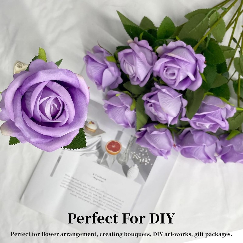 10PCS Artificial Roses Flower with Stems Slik Fake Flowers Light Purple gallery