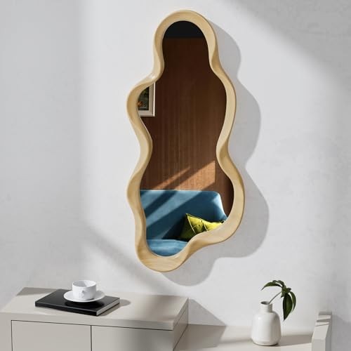Irregular Wall Mirror, Wooden Framed Wall Asymmetrical Wavy 30"L x 14"W Natural gallery