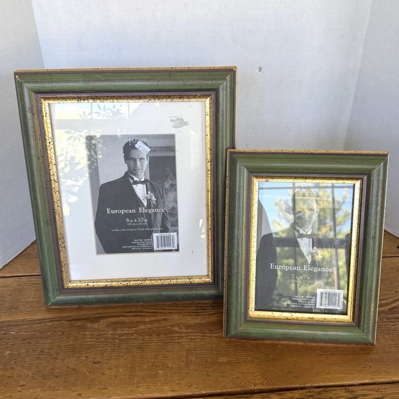 Wood Picture Frames Vtg Set Of 2 8×10 5×7 Photo Green And Gold New Easel / Wall