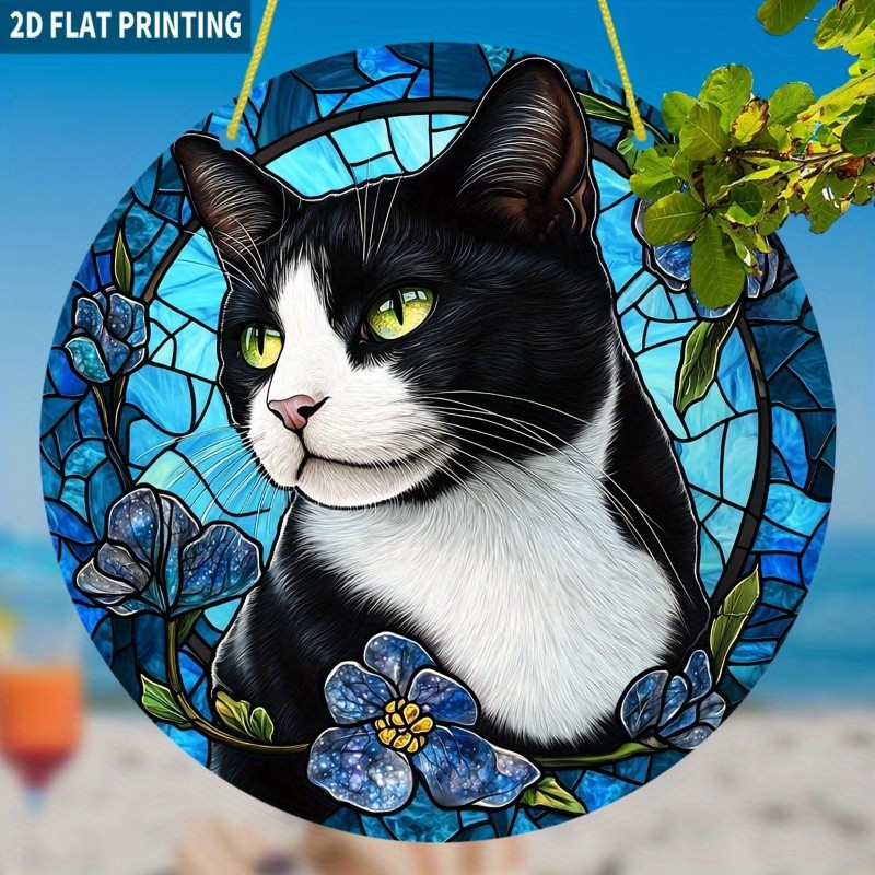 Black White Cat Blue Floral Acrylic Suncatcher Cat Lover Window Decoration Gift