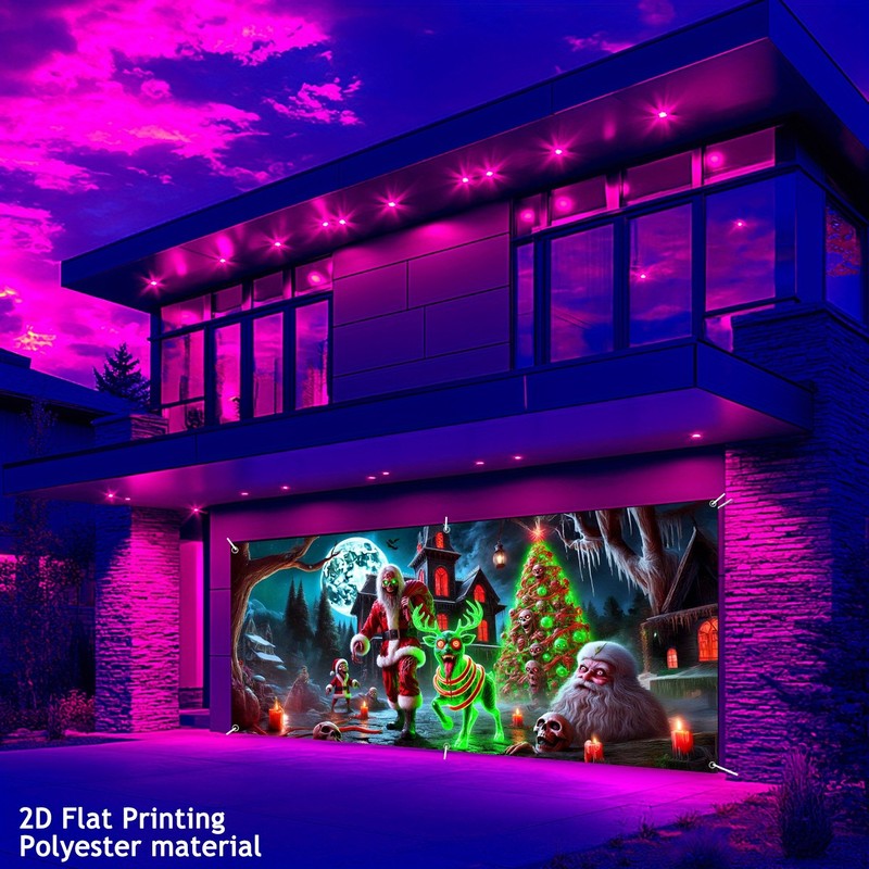 2D Flat, Large 157×71 Inch Fluorescent Glow-in-the-Dark Garage Banner – UV Black