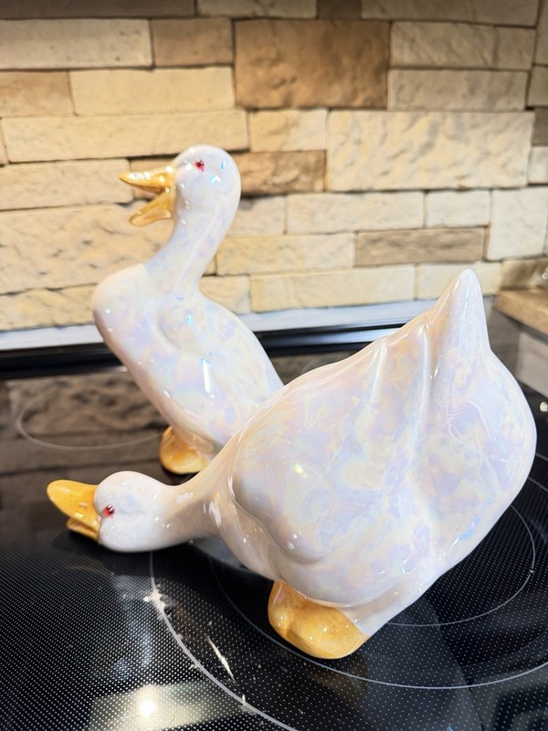 Vintage White Ceramic Duck Figurines Iridescent Oyster Shell Farmhouse Decor gallery