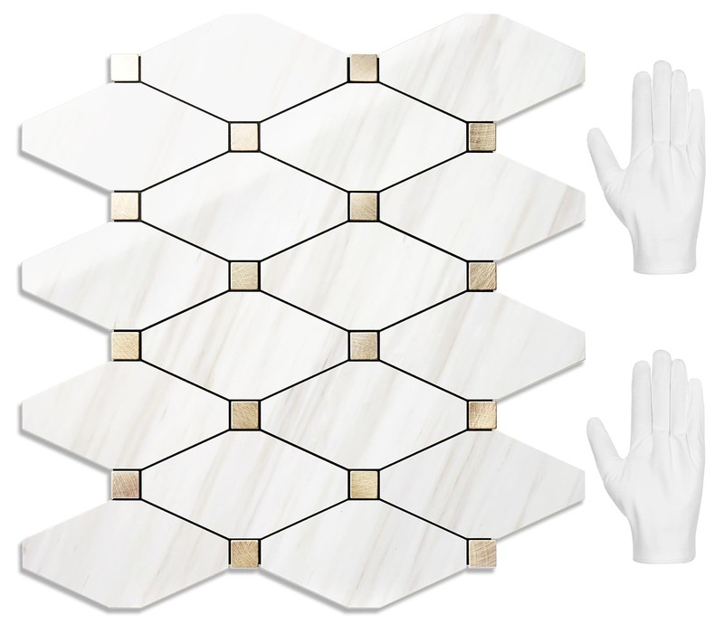 10 Sheets Peel and Stick Backsplash, Polished Dolomite PVC Mixed Metal Gold K…