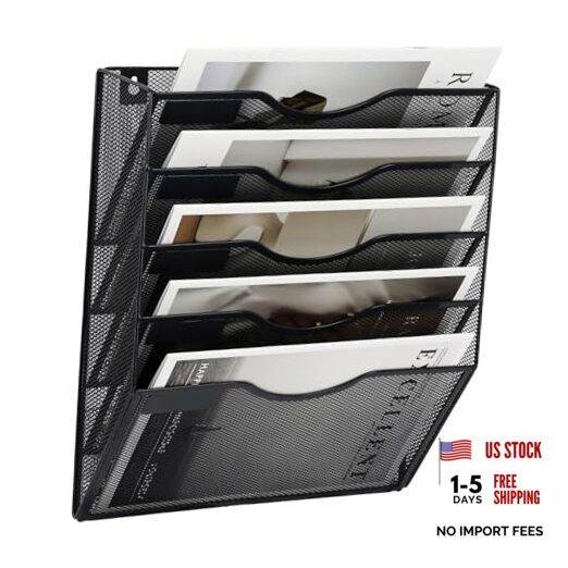5 Pocket Mesh Hanging Wall File Organizer, Wall Mounted Mail 5 Tier Black