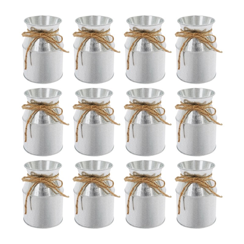12 Pcs Silver Flowers Vases With Hemp Rope Bow Milk Can Shape Flower Vase gallery
