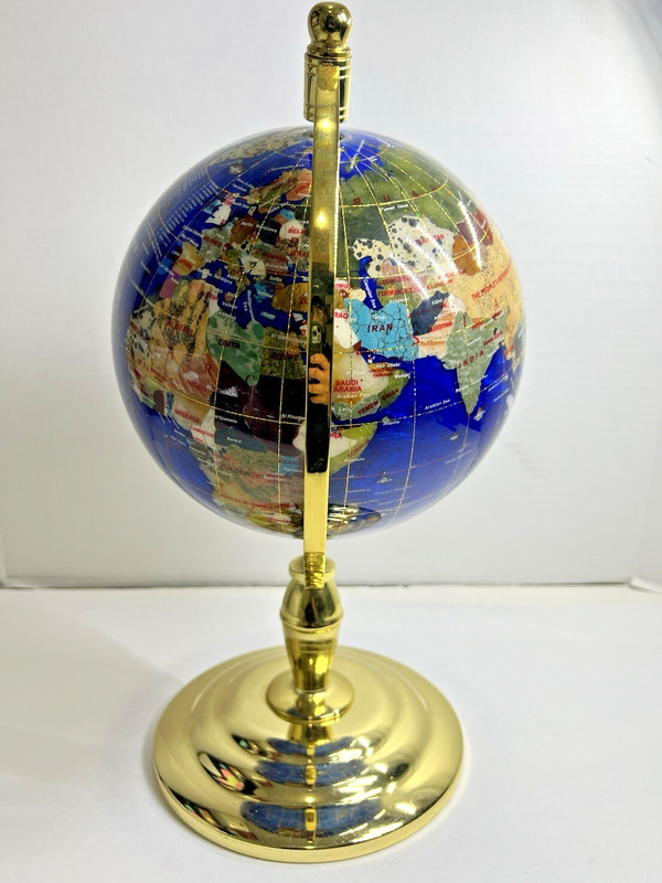 Large Blue Lapis Gemstone World Globe 16" Tall Brass Stand gallery