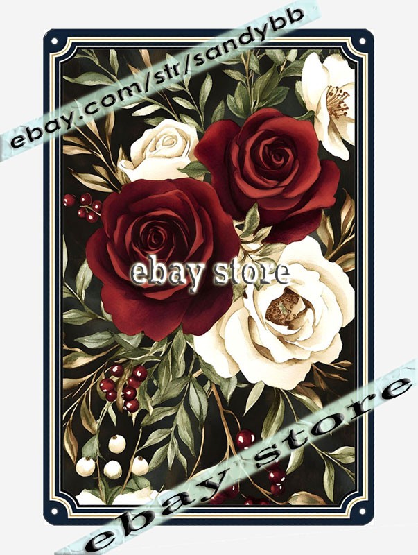 Crimson & Ivory Roses Metal Tin Sign Festive Holiday Floral Art