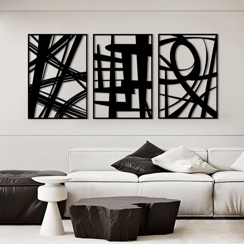 3pcs Abstract Black Metal Wall Art 3d Textured Metal Wall Decor Modern Hollow Ou