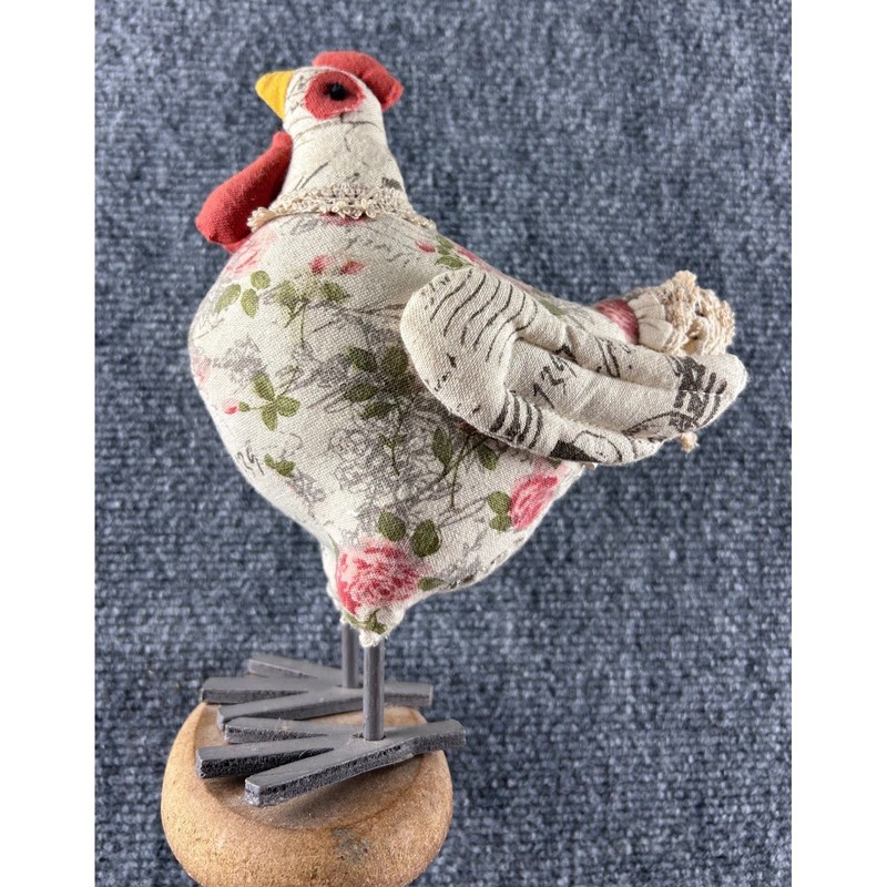 Country Floral Script Fabric Chicken Figurine Farmhouse Decor Hen Wood Base