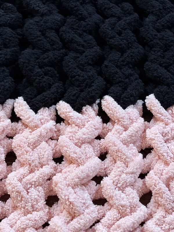 Handmade Chunky Knit Textured Striped Sofa Throw Blanket, Black & Pink gallery