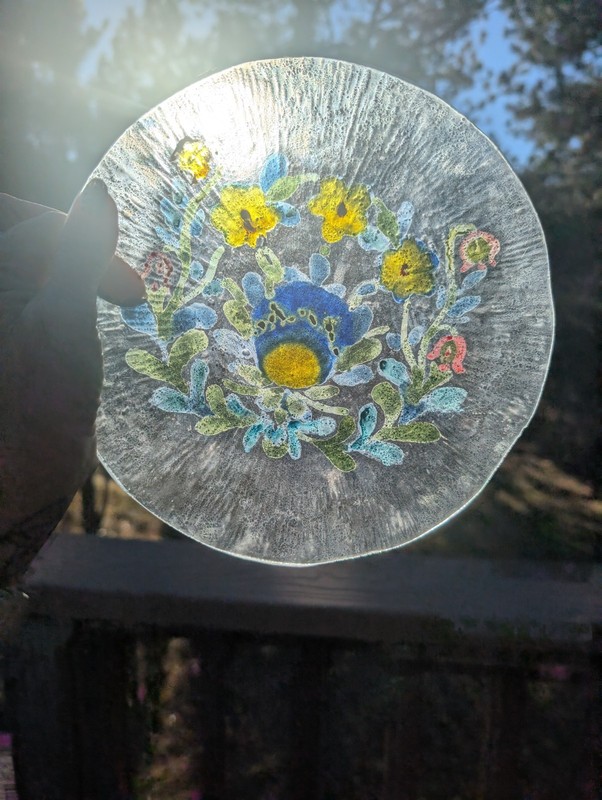 Vintage Floral Fused Glass Ruffled Bowl Art Glass trinket Dish Flowers pretty