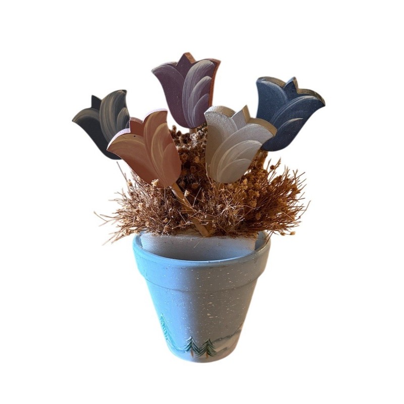 Hand-Painted Wooden Tulip Floral Arrangement Winter Scene Pot w/ Dried flowers