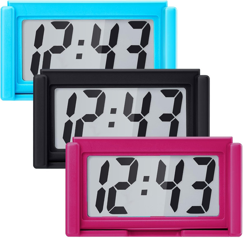 Mini Digital Clock Stick on Battery Operated LCD for Car Dashboard Fridge 3 Pack
