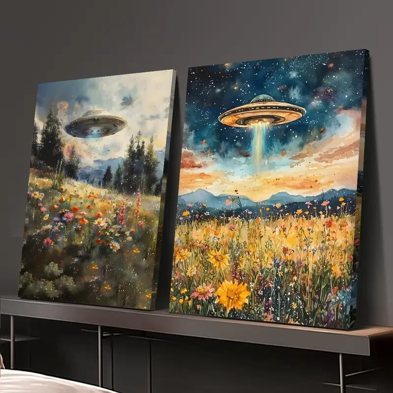 2pcs Interesting Aliens, Surreal UFO, Flowers, Plants, Wall Art Canvas Unframed
