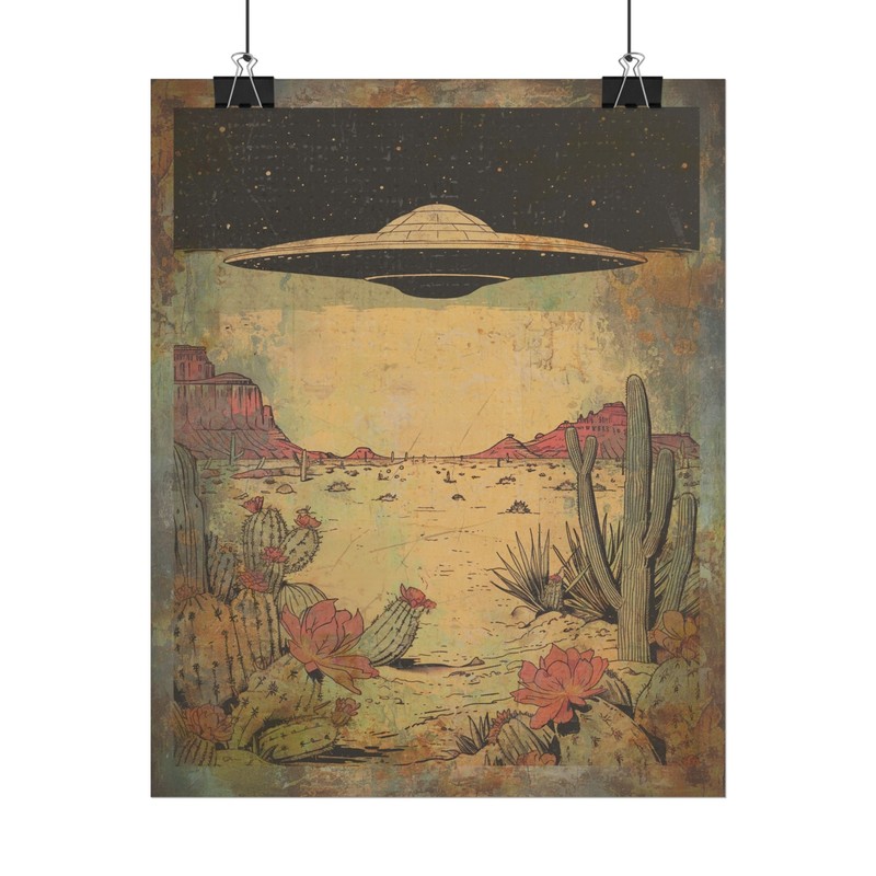 UFO ALIEN WESTERN Wall Art, UAP Cactus Flower Decor, Retro Sci-fi Desert Poster