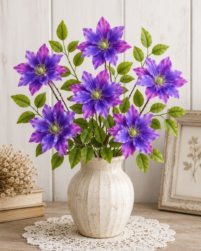 Set of 2 Purple Clematis Stems Faux Flower Branches Floral Decor Cottagecore gallery