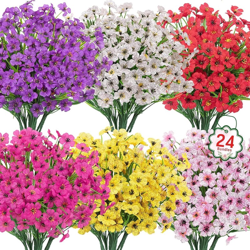24 Bundles Artificial Flowers for Outdoors UV Resistant Silk Fake Flowers Faux