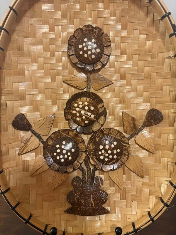 Vintage 1970's Boho Wall Art Hand Wood Carved Woven Wicker Flower 12" gallery