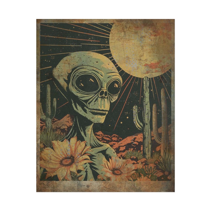 Vintage ALIEN DESERT SUN Wall Art, Cryptid Cactus Sunflower Western Sci-fi Decor