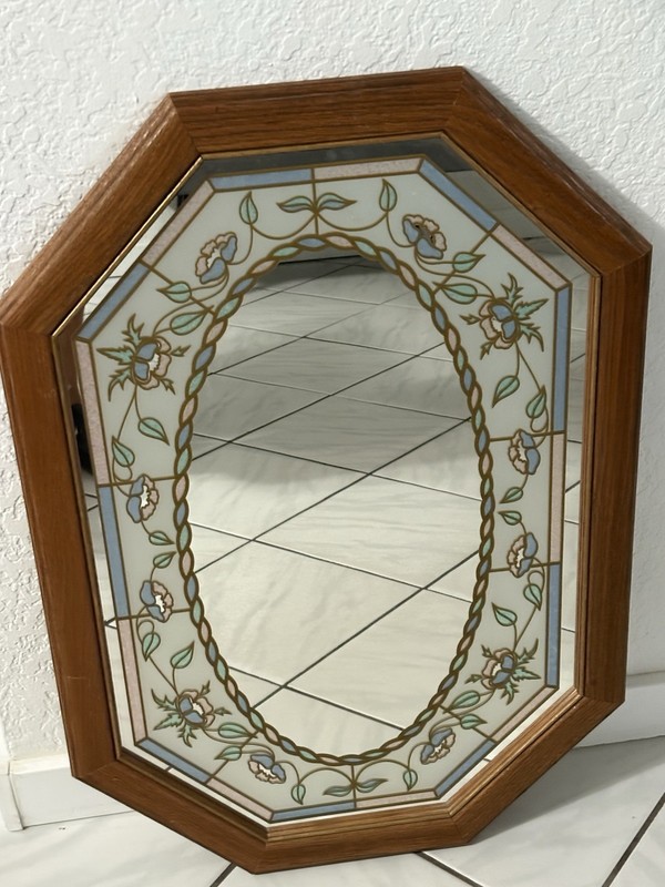 Vintage 80's Octagonal Floral Etched Mirror Retro Stained Glass Wood Frame Pink gallery